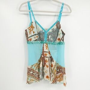 Sabra Womens Y2K Fairy Grunge Boho Sequin Embellished Paisley Tank Top Size M